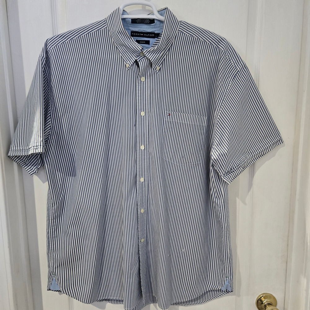 Tommy Hilfiger VTG Y2K Button Down Shirt Mens XXL Blue Stripe Fair Short Sleeve